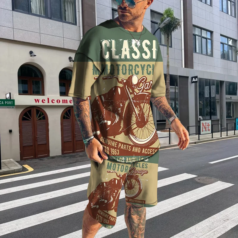 

2025 Summer Best-selling Motorcycle Print Men's Short-sleeved Suit Casual, Comfortable, Simple and Trendy Street Sports Suit