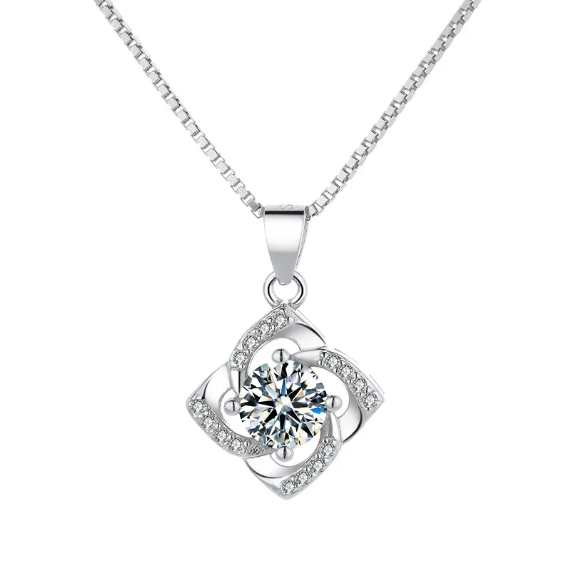 

S925 Sterling Silver Link Chain Necklace with Diamond Windmill Lucky Clover Pendant Trendy Jewelry for Gifts