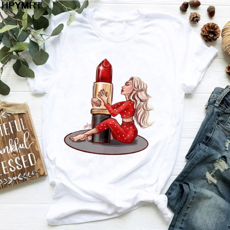 Women's Fashionable Sexy Lip Print T-shirt Summer Short-Sleeved Round-Neck Polyester Base Shirt Personalized Trendy Top