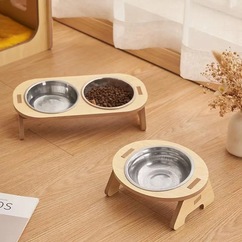 Elevated Pet Bowls Tilted Single/Double Cat Stainless Steel Food Bowls Wooden Dog Water Feeding Container Cat Supplies