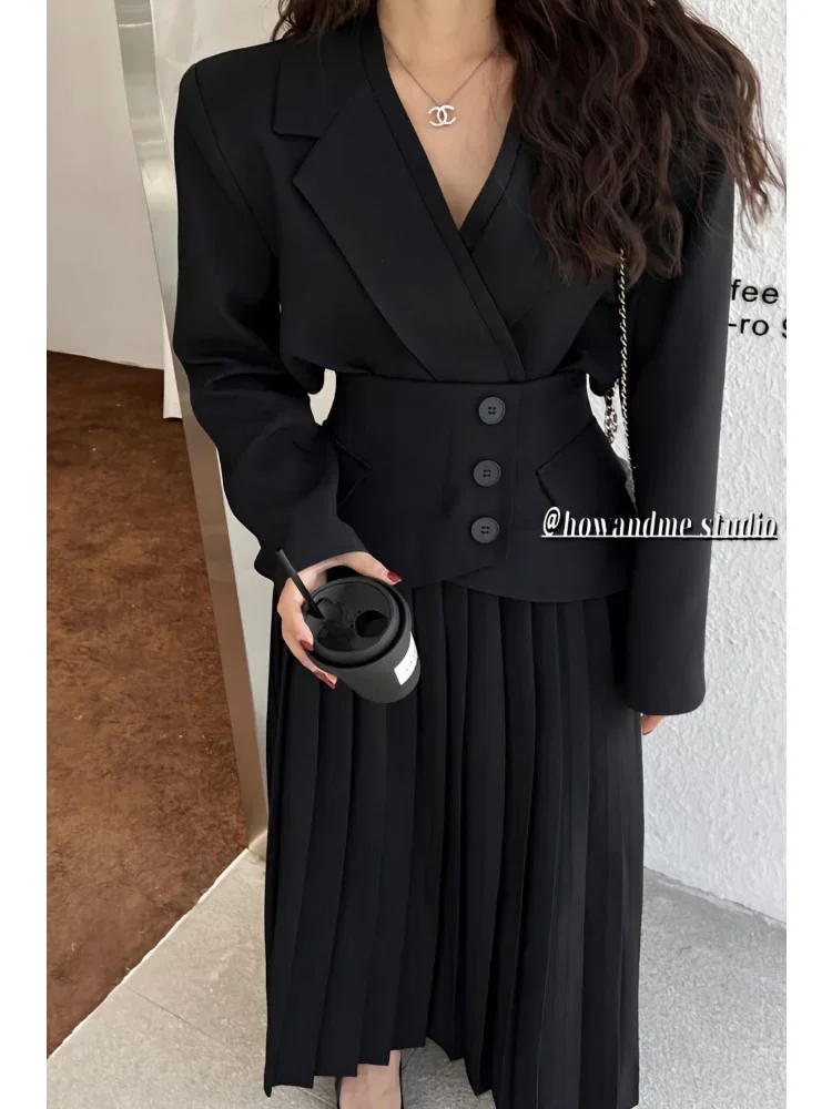 UNXX Women Elegant Single Breasted Blazer Dress Spring Autumn Long Sleeve Black Two Piece Blazers Dress+High Waist Pleated Skirt