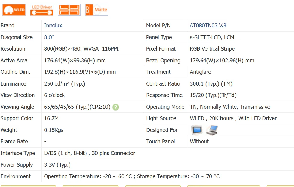 AT080TN03 V.8 AT080TN03 V.1 PANNEAU LCD 8.0 POUCES, testé et fonctionnant avant expédition