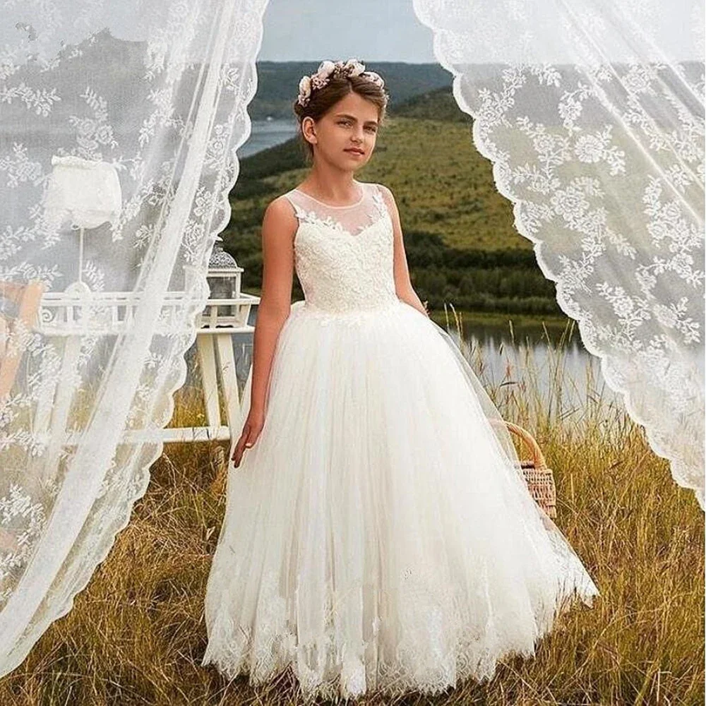 Flower Girl Dresses Ivory Elegant First Communion Dress For Little Girl O-Neck Cheap Kids Princess Dress