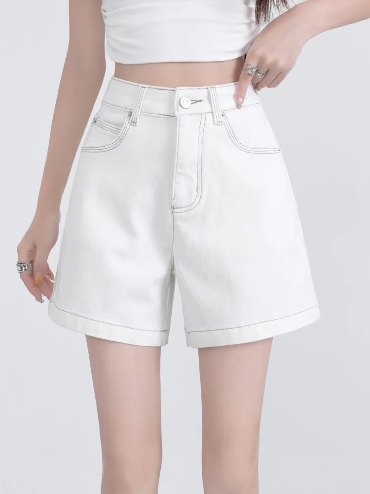 

Белые широкие джинсовые шорты с высокой талией, женские летние корейские модные повседневные свободные эластичные джинсовые шорты трапециевидной формы в стиле Харадзюку