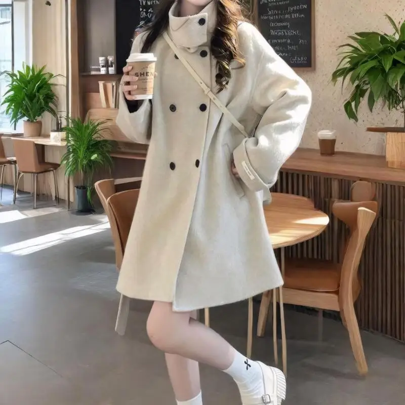 

Black Fashion Casual 2024 Autumn And Winter New Korean Style Standing Collar Temperament Thickened Medium Long Woolen Coat Women