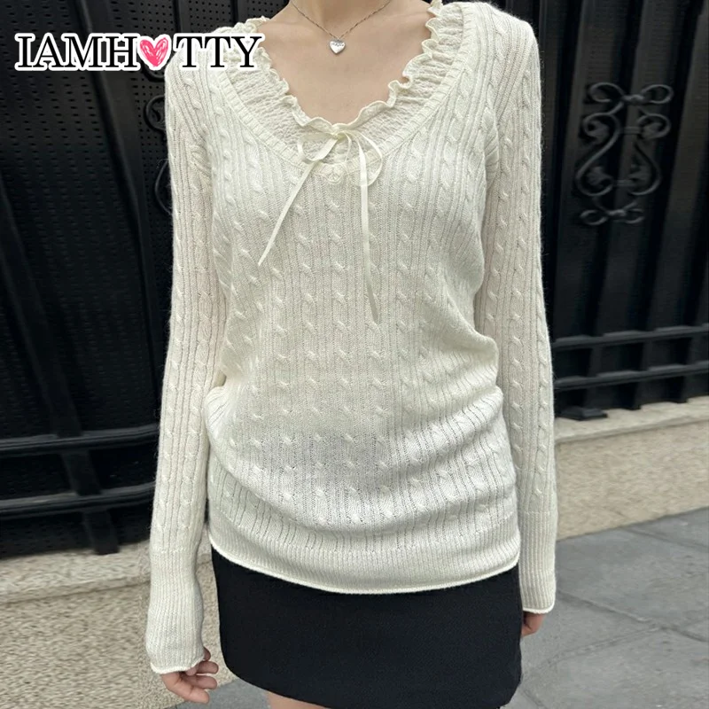 IAMHOTTY y2K Aesthetic Twist Knitting Top Beige Color Mature Slim Sweater Pullovers Kawaii Bow V-neck Knitwear Fall Winter Women