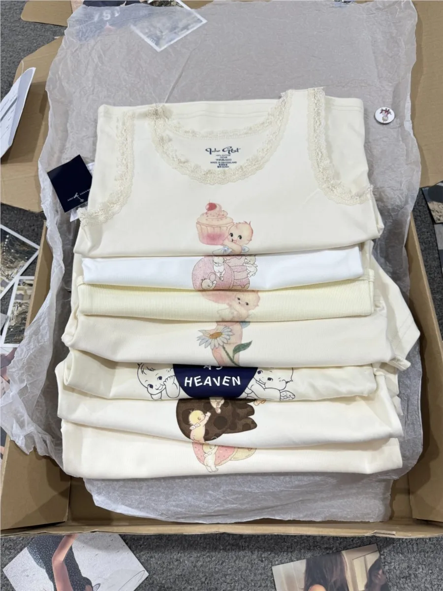 

Cartoon PrintCute Lace Trim Crop Top Women Summer White Cotton Soft O-neck Tank Tops Female Sweet Casual Vintage Chic Y2K Vests