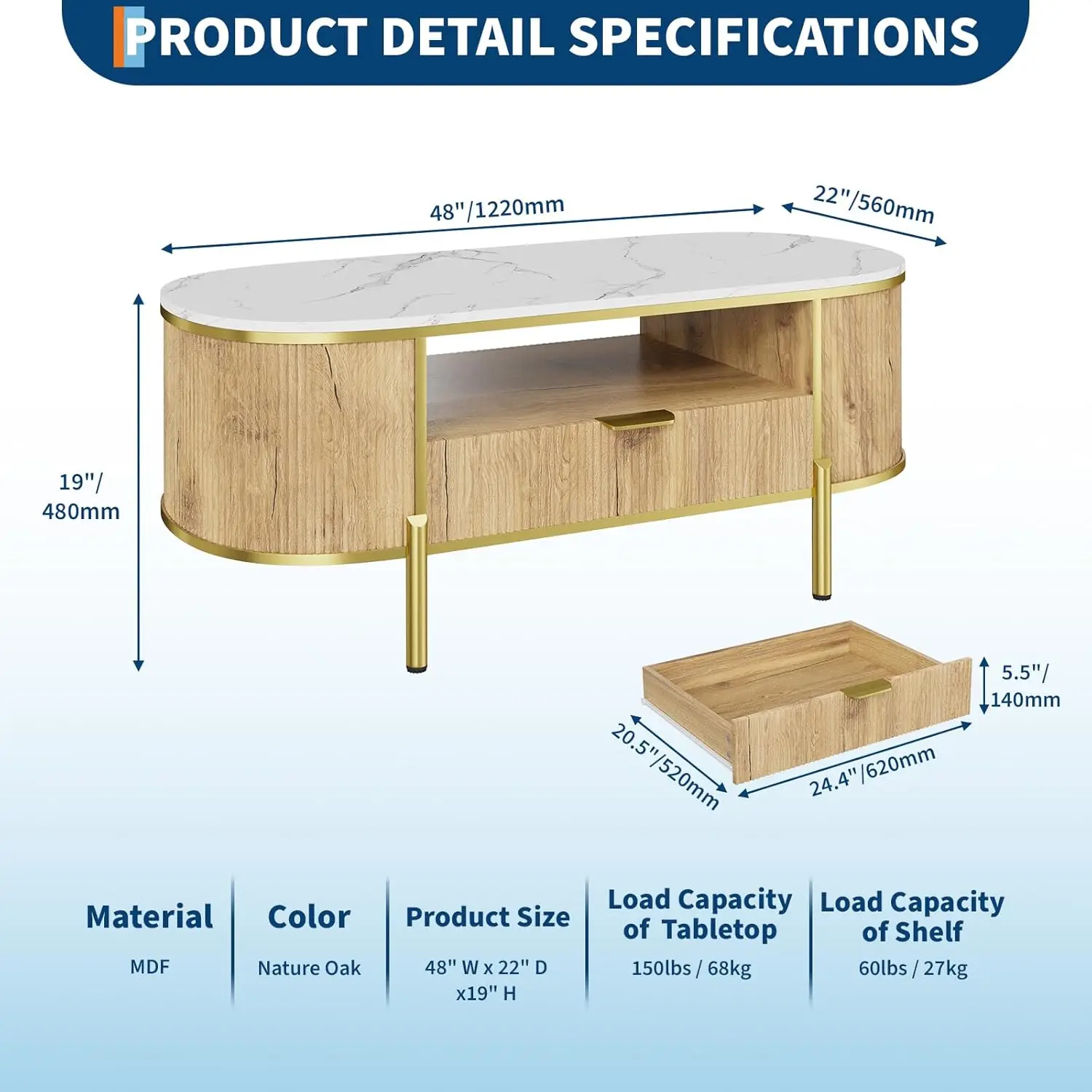 48in Modern Luxury Oval Coffee Table - Natural Oak Fluted Table with Faux Marble Top, Gold Metal Decor & Drawer