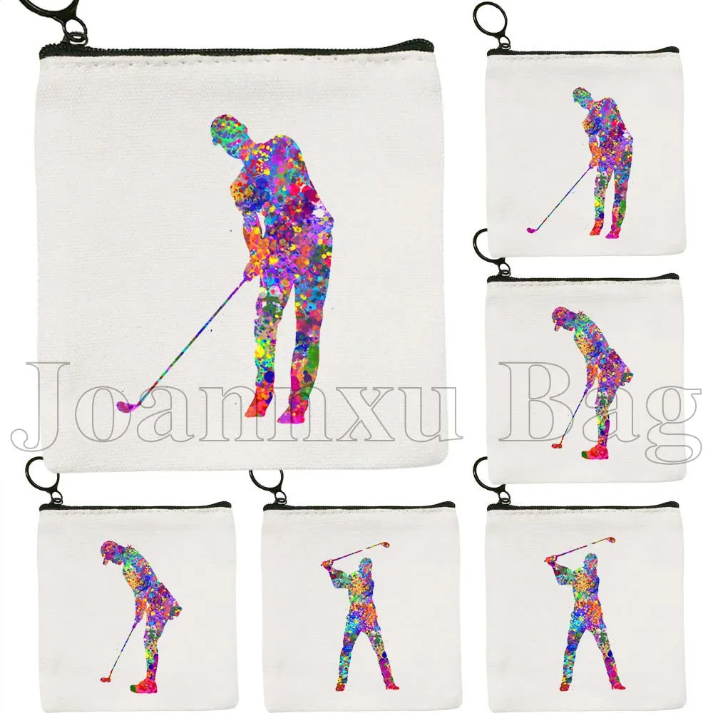 Colorful Male Female Golfer Gifts Golf Player Canvas Coin Purse Canvas Bag Small Square Key Storage Card Bag Wallet Zipper Pouch