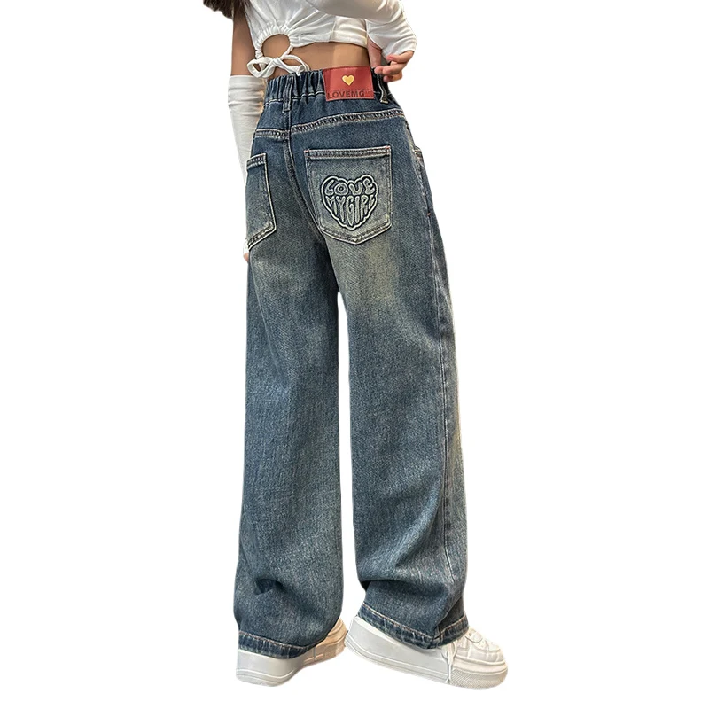 Child Vintage Blue Jeans with Love Heart Letter Pattern Denim Pants for Girls Kids Fashion High Waist Straight Jeans Trousers