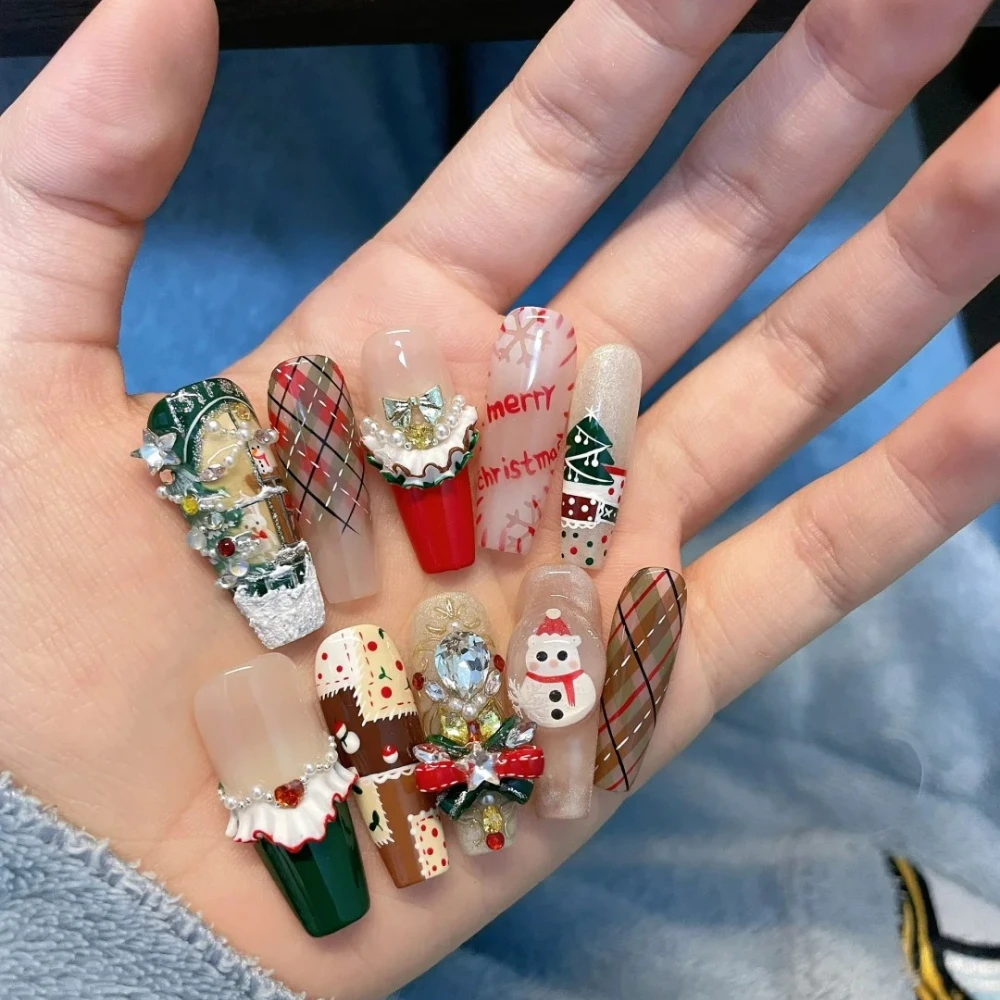 10 Pcs Handmade Press On Nails 2024 Christmas New French 3D Limited Medium Coffin False Nails Design Art DIY Nails with Set