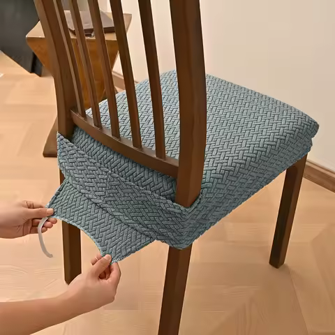 Striped Grid Double Elastic Stool Cover Non Slip Jacquard Chair Cushion Set with Tongue Buckle Stretchy Seat Protector