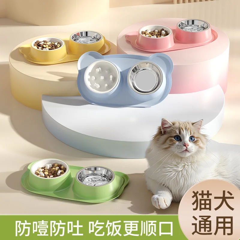 Comedero Lento para Mascotas, Tazón Doble de Acero Inoxidable y Plástico, Protección para el Cuello, Anti-estrangulamiento, para Comida y Agua de Perros y Gatos, Suministros para Alimentación de Mascotas