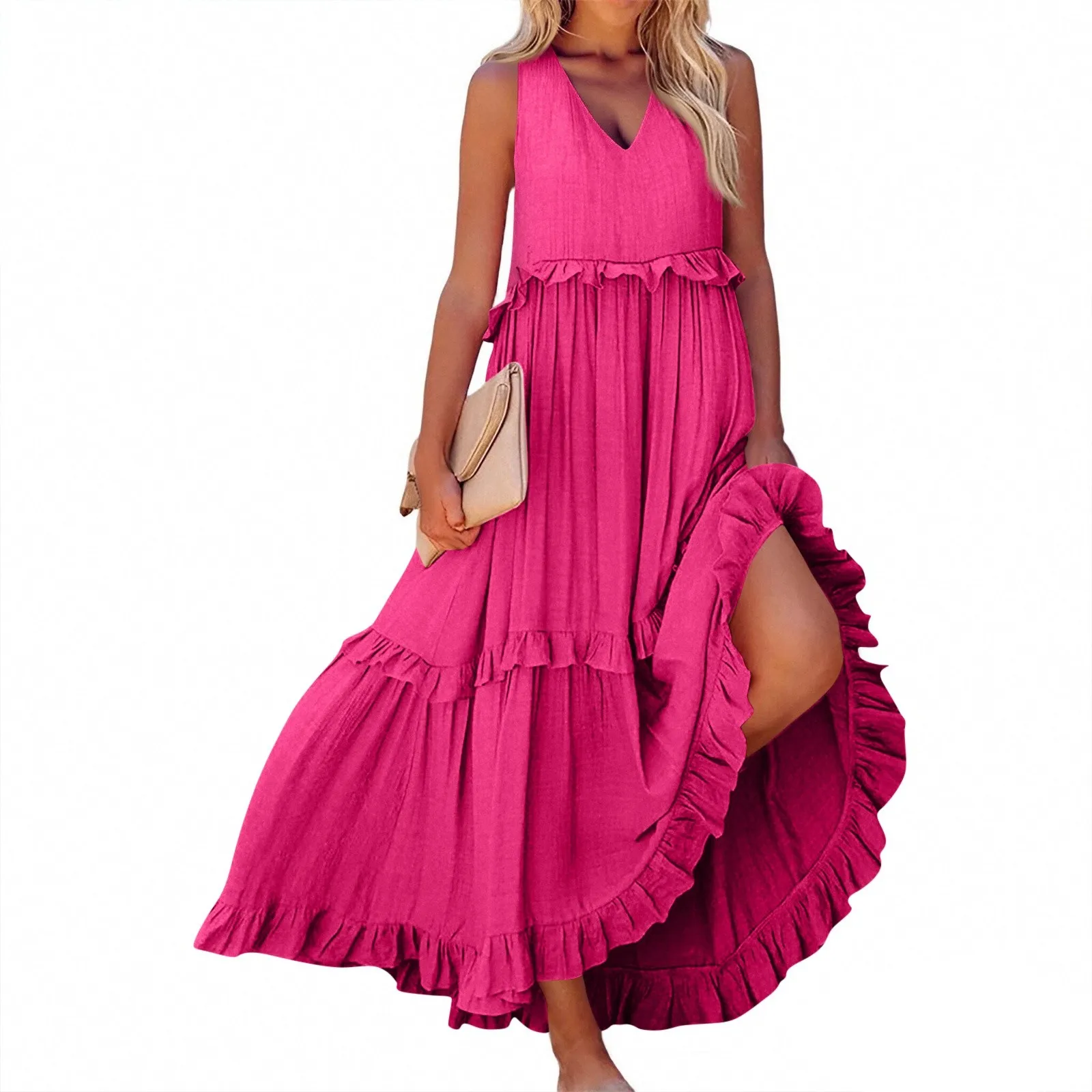 Vestido bohemio de Color liso para mujer, Vestidos largos sin mangas con volantes, Vestidos Hippie rectos holgados, Vestido de princesa en capas