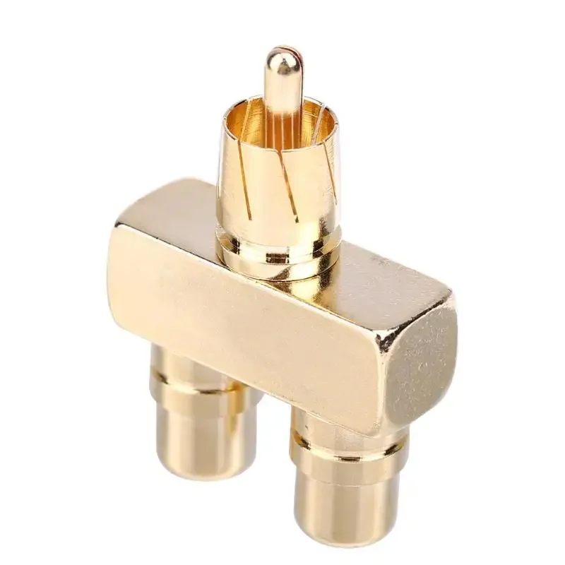 ALLOYSEED Copper Gold Audio Adapter RCA AV Audio Video Splitter Plug 1 Male To 2 Female Converter Connector 40*28*12mm