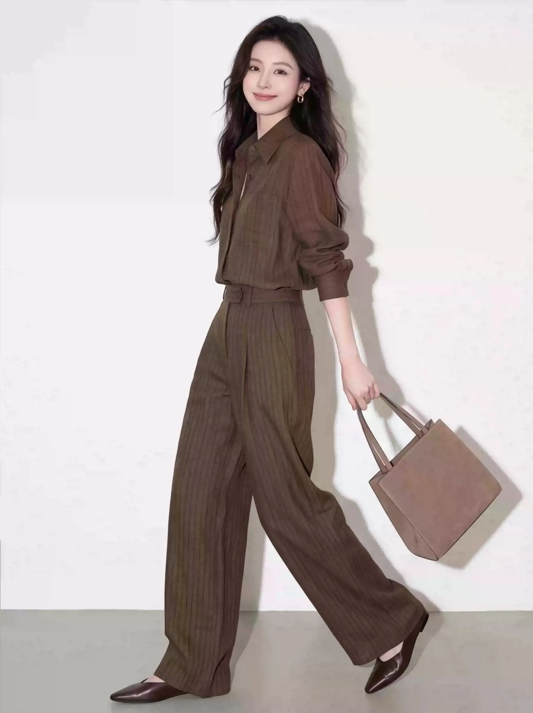 Slim Fit Striped Shirt And Pants Set Women's Fashionable Early Autumn High Waist Slimming Two Piece Suit Casual Style
