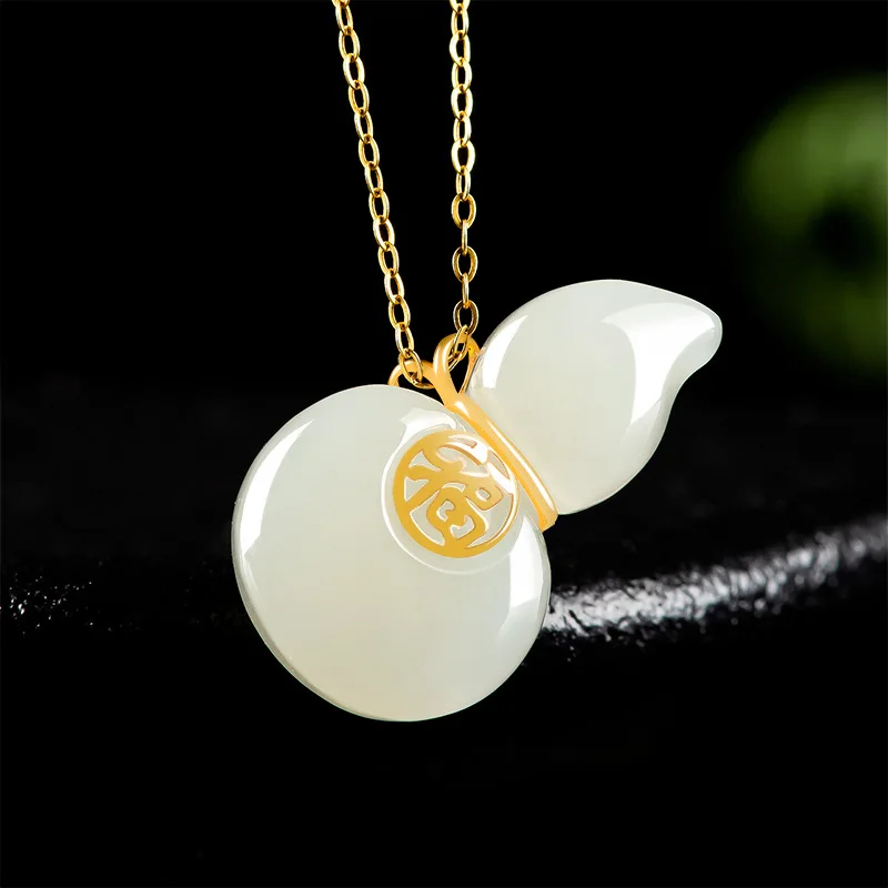 

Natural Hetian White Jade Gourd Pendant - 18K Gold Plated Unisex Necklace for Men & Women