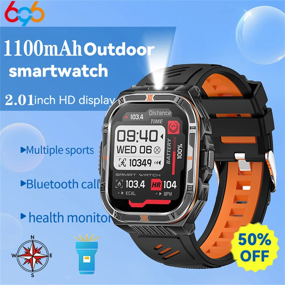 

Outdoor Smart Watches Health Monitor Waterproof 1100mAh Battery Smartwatch Men LED Flashlight Compass BT Call 100+ Sports Mode