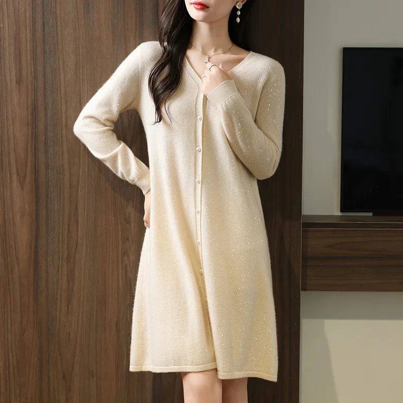 Autumn knitted dress all-match loose skirt mid-length wool over-the-knee women's V-neck shirt bottoming skirt all-match casual