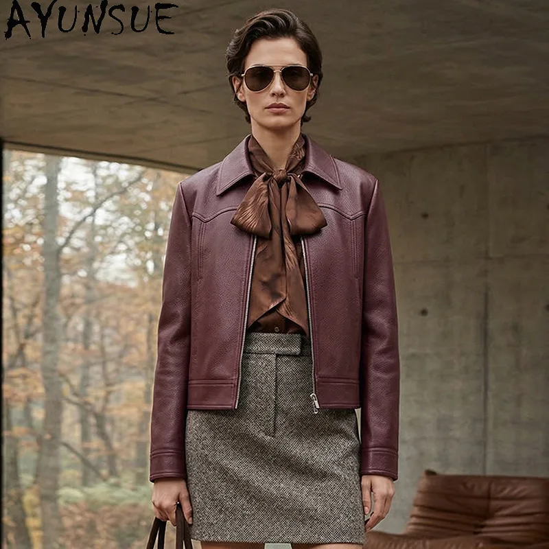 

AYUNSUE Real Leather Jacket Woman Loose Casual Lapel Long Sleeve Tops Motorcycle Style Solid Jackets Woman Clothes Ropa Mujer