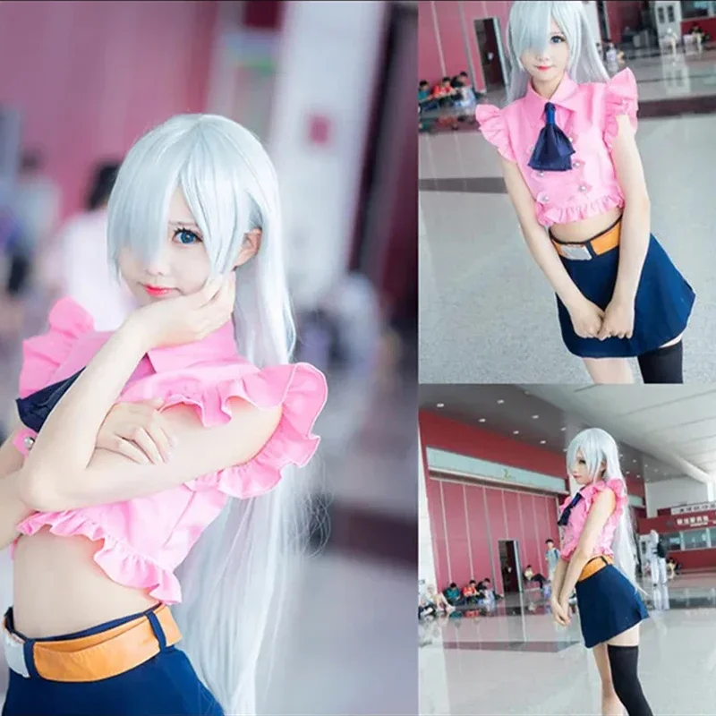 Disfraz de Anime The Seven Deadly Sins Elizabeth Liones, disfraz de verano para niña, Top rosa, falda azul marino, vestido de fiesta de Halloween para mujer