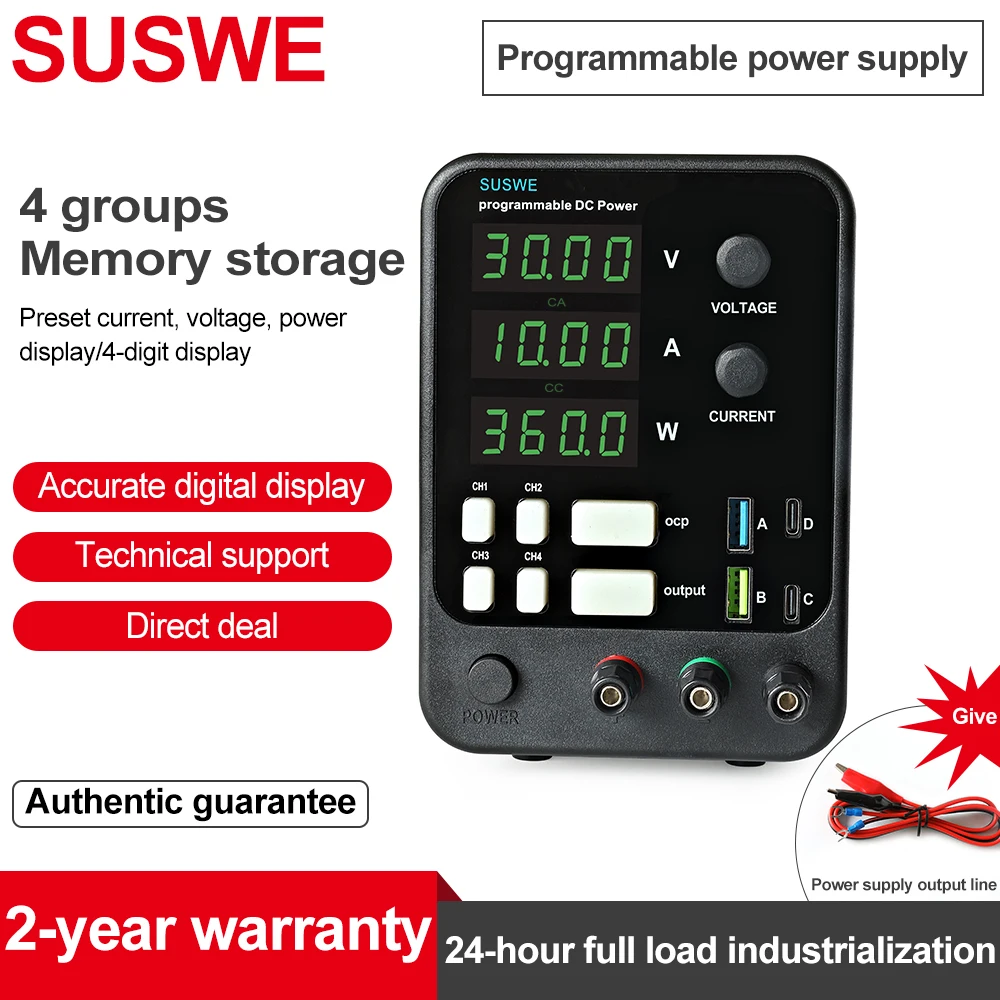 

SUSWE Adjustable DC Power Supply 30V 10A Lab Programmable Memory Function Bench Power Source Voltage Regulator Switch120V 3A