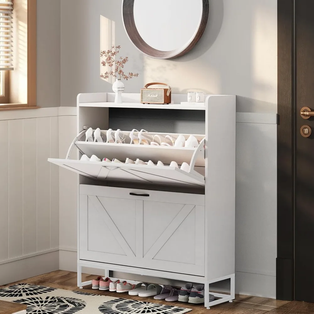 

Shoe Cabinet, Shoe Storage Cabinet with 2 Flip Drawers & Adjustable Shelf, Space-Saving Shoe Organizer – Holds 16+ Pairs, Narrow