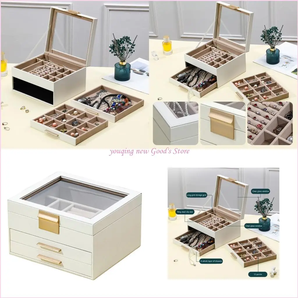 

57QA Трехъярусная шкатулка для драгоценностей с доступными ящиками, чехол из искусственной кожи, практичный держатель для