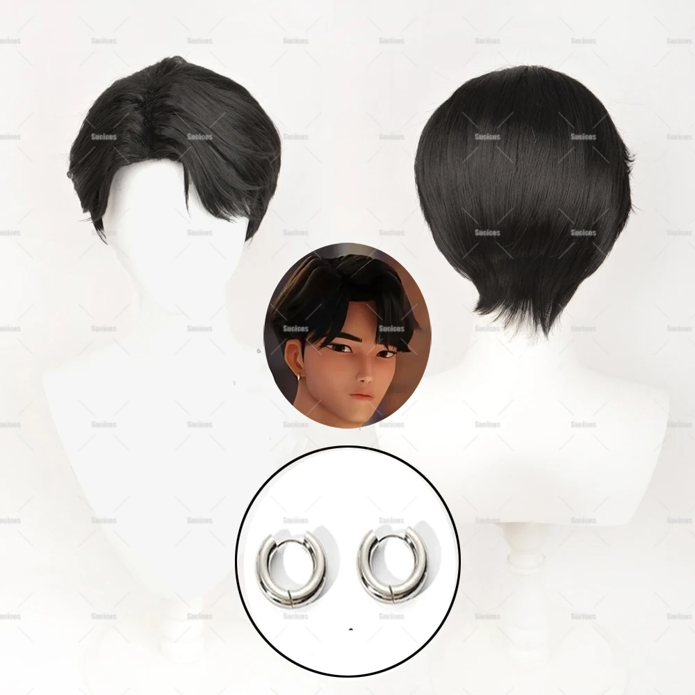 

KPop Demon Hunters Saja Boys Jinu Косплей Парик Серьги Черный Парик Волосы Синтетический Короткий Парик Женщины Мужчины Хэллоуин Карнавальный Реквизит