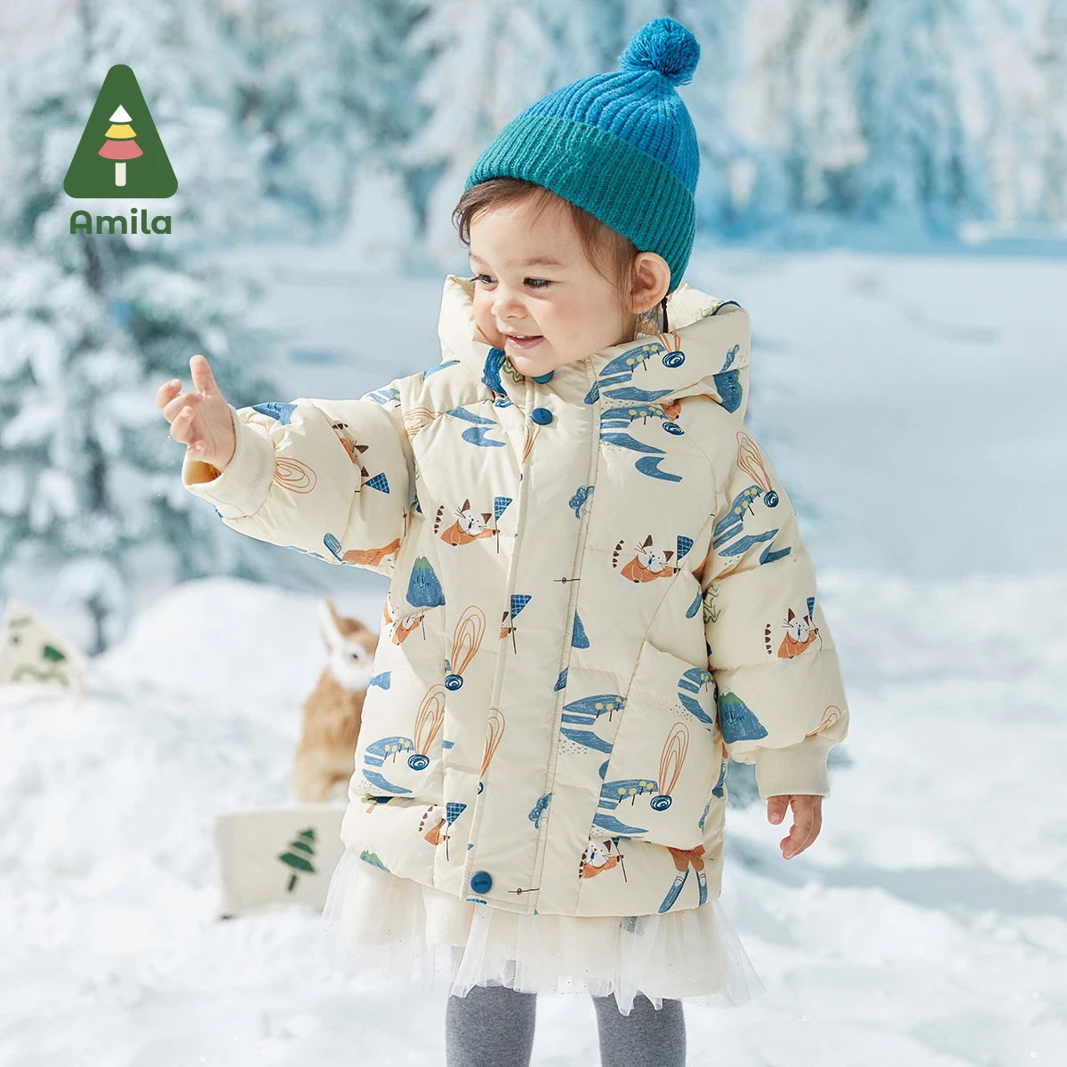 Amila Baby\'s Down Jacket 2024 Winter New Boys and Girls Cute Cartoon Print Down Warm Hooded Anti-chill Coat Kids Fashion Casual