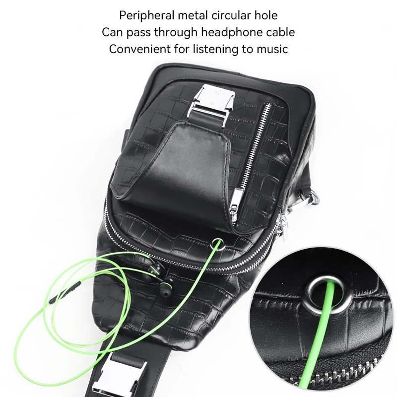 

Trendy Leather Men's Chest Bag Casual Shoulder Bag Natural Cowhide Messenger Bag Black Small Backpack For 8.3 Inch Tablet