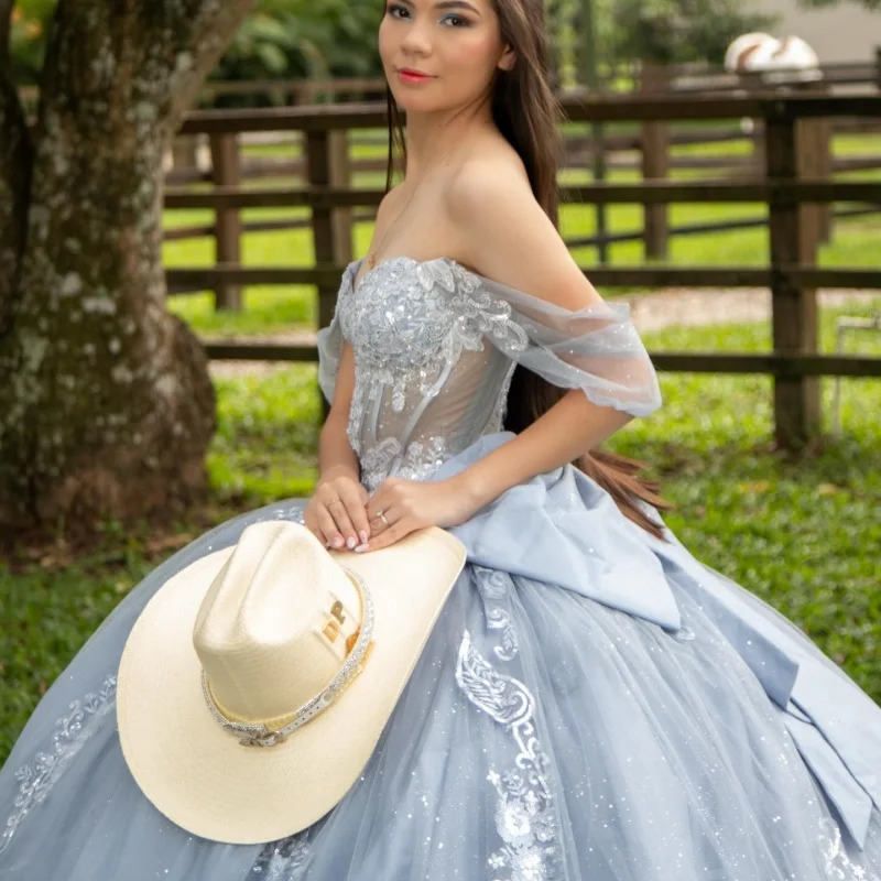 

Haze Blue Quinceanera Dresses Off the Shoulder Glitter Crystal Decal Long tail Bow Vestidoe 15 Quinceanera Customize