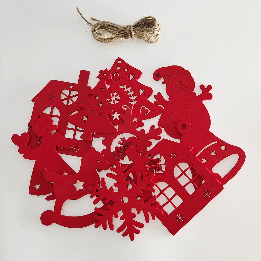 10Pcs Christmas Wooden Chips Slice Christmas Pendant Red White Snowflake Xmax Tree Hanging Pendant Christmas Decorations Crafts