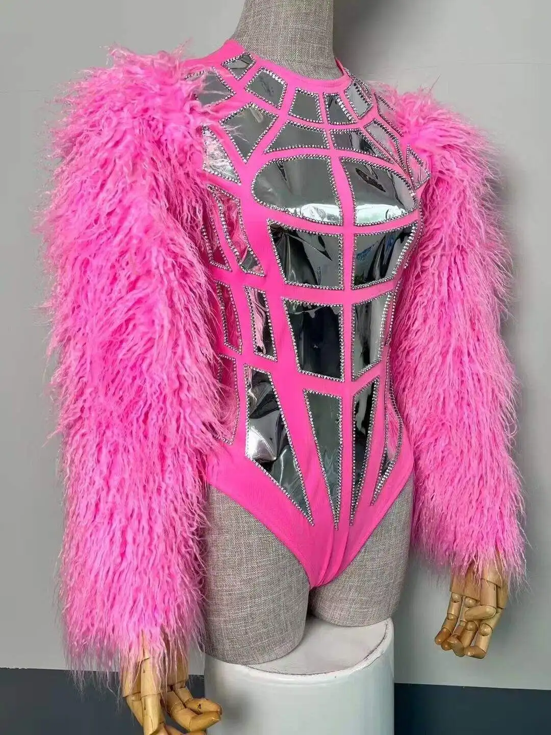 

Pink Mirror Bodysuit Mini Nightclub Feather Performance Outfit Sexy Singer Women Gogo Stage Show Costume