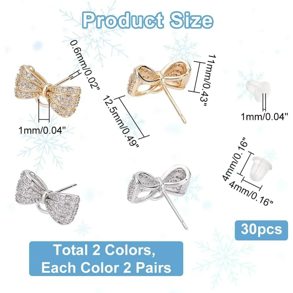 4 Pairs 2 Colors Bowknot Posts Stud Earring Brass Cubic Zirconia Earring Stud Ribbon Bow Earring Minimalist Ear Post with Loop