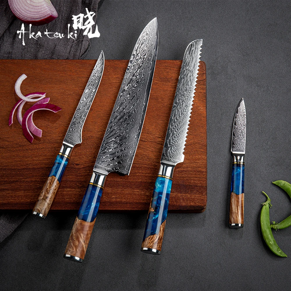 Damascus Steel Kitchen Knives VG10 Chef Paring Bread Knife Chef Knife Sharp Japanese Santoku Knife Resin Wood Handle Set