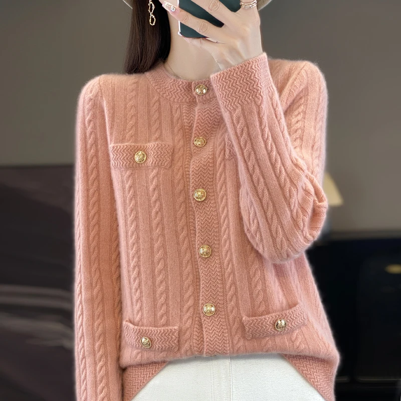 Button 100% Merino wool cardigan - New autumn-winter style cashmere sweater - Women's O-neck cardigan, warm knitted base layer t