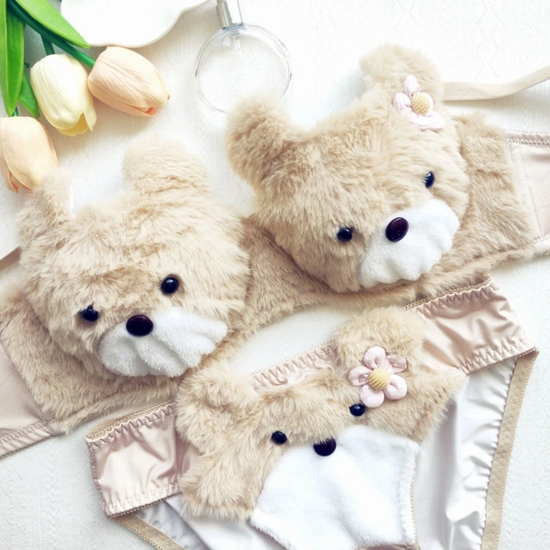 Women Lovely Plush Bra Panty Set Funny Bear Bra Panties Set Cartoon Plush Underwear Soft Student Gir