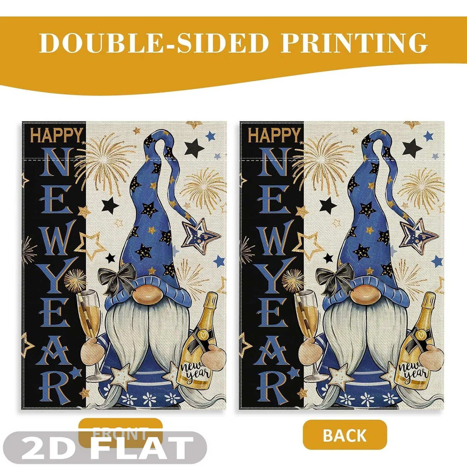 1 قطعة سنة جديدة سعيدة 2026 جنوم حديقة الزخرفية العلم ، البوليستر دائم 12x18 بوصة/28x40 بوصة الذهبي ستار عطلة حفلة في الهواء الطلق #5