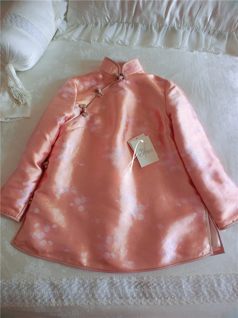 

Young Women's Orange Cotton Filled Traditional Chinese Style Short Qipao Dress Retro Design Long Sleeve Daily Wear Floral Pat...