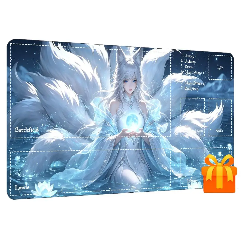 Anime Nine Tailed Fox Print Gaming Mouse Pad Large Desk Mat Anti-Slip Rubber Base Stitched Edge Keyboard Mat For Office
