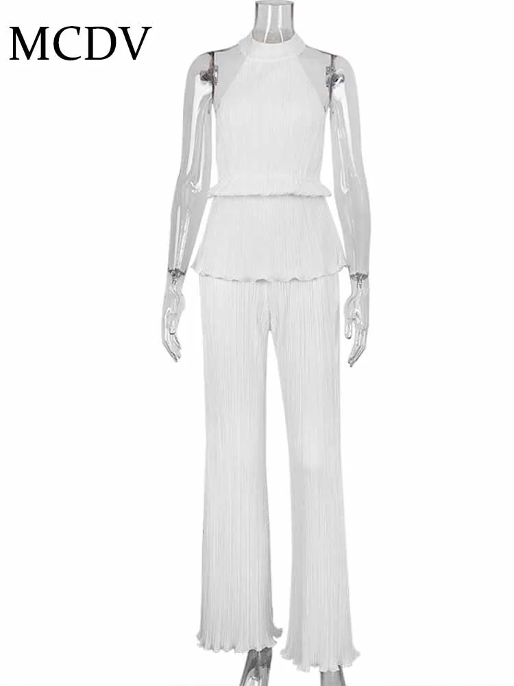 Mcdv chique plissado conjunto de duas peças feminino sexy halter sem mangas sem costas regata e calças de perna larga 2025 roupas elegantes de verão
