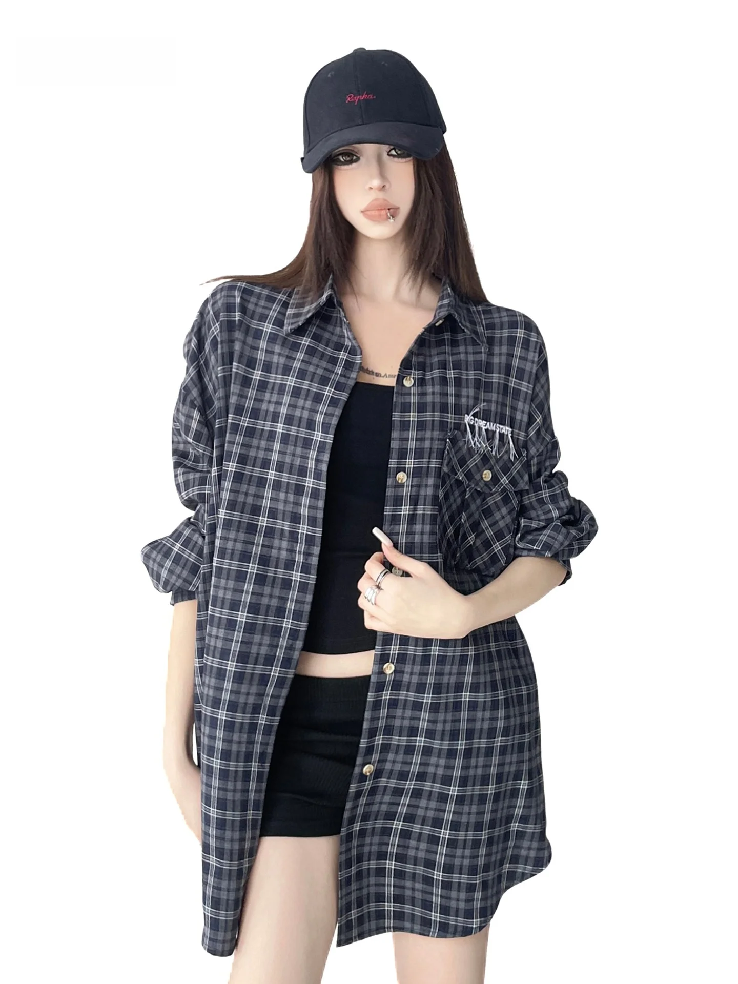 

Американская ретро-рубашка в клетку с длинным рукавом, повседневная свободная рубашка-жакет для весны и осени, женская модная рубашка-жакет из смесового хлопка