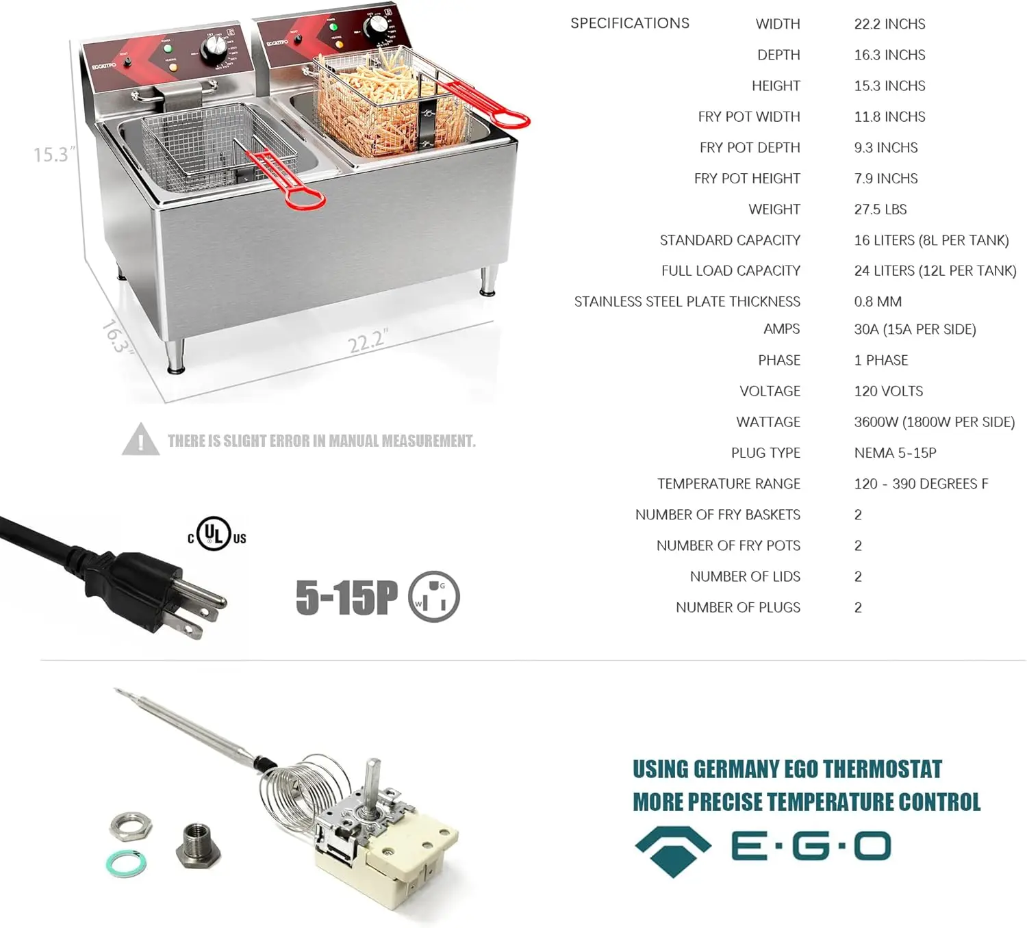 Deep fryers Commercial Deep Fryer 12L x 2 Large Dual Tank Electric Countertop Fryer for Restaurant