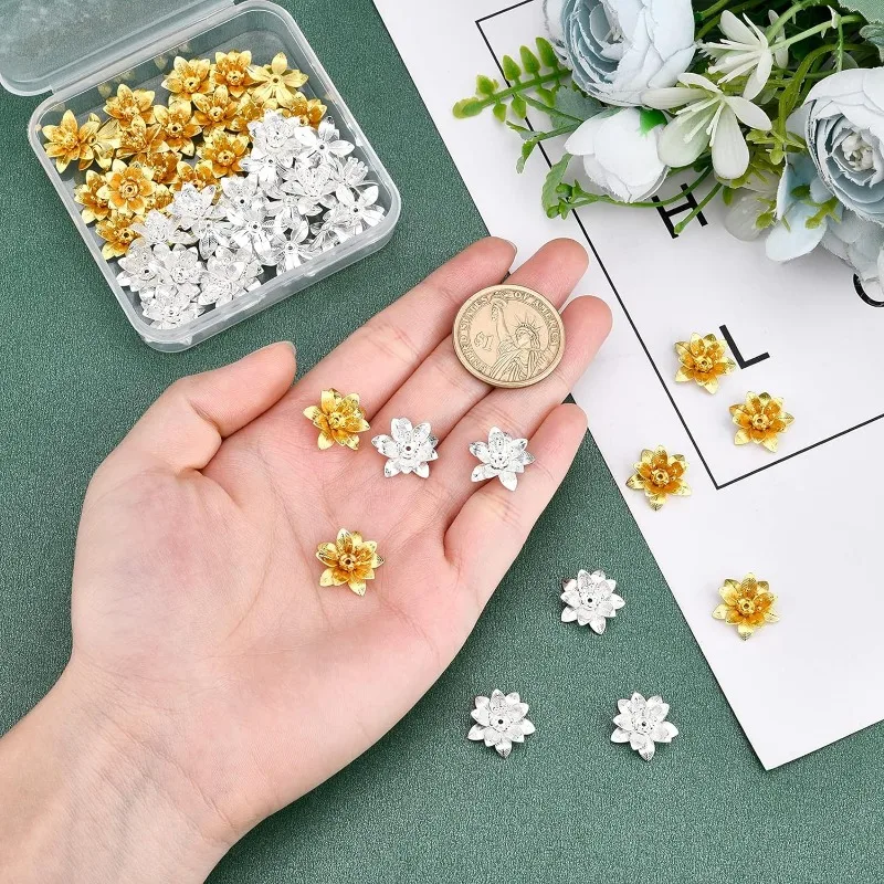 48Pcs 2 Colors 3D Brass Bead Caps 16x6.5mm Multi-Petal Flower Brass Bead Caps Filigree Spacer Bead for Bracelet Necklace