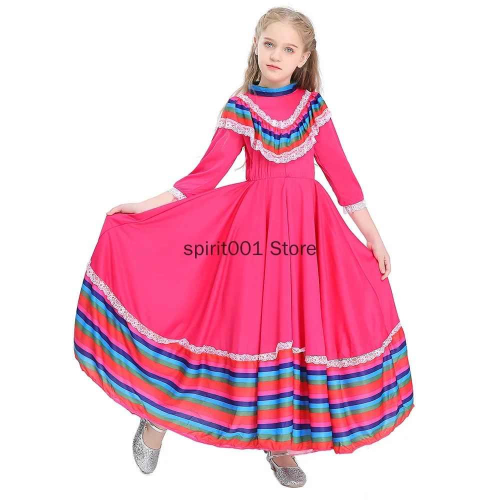 3-10 Y Girls Traditional Folk Mexican Lace Dress Guadalajara Mexico Folk Dancer Costume 3 Colors Kids Children Fancy Long Dress