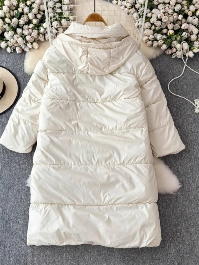 Piumino in cotone bianco a sbuffo per donna di media lunghezza 2024 nuova versione coreana cappotto con cappuccio allentato e spesso Parka tuta sportiva A480