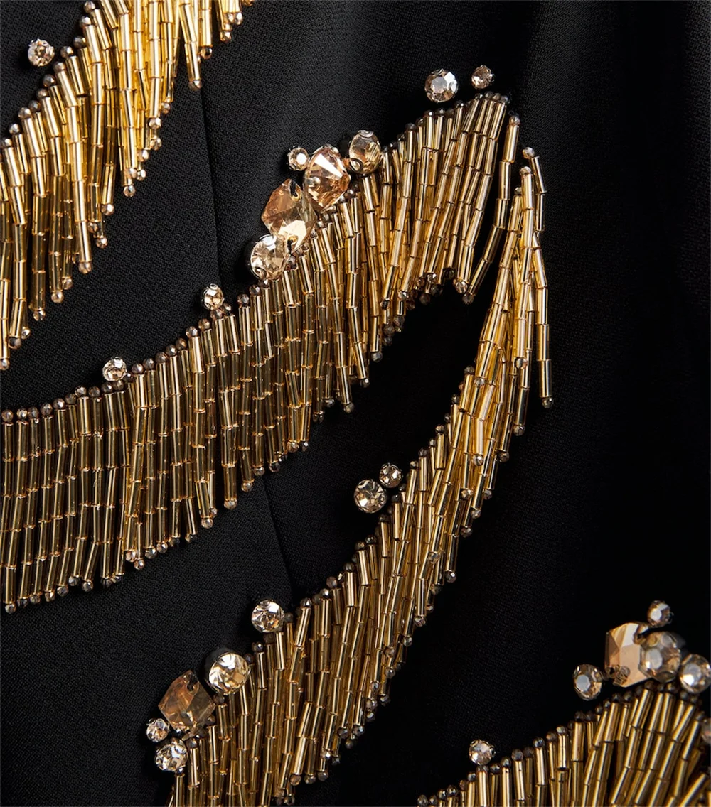 Contessa vestido de noite personalizado vestido de baile elegante vestido de crepe preto manga longa gola redonda até o chão com franja de lantejoulas douradas