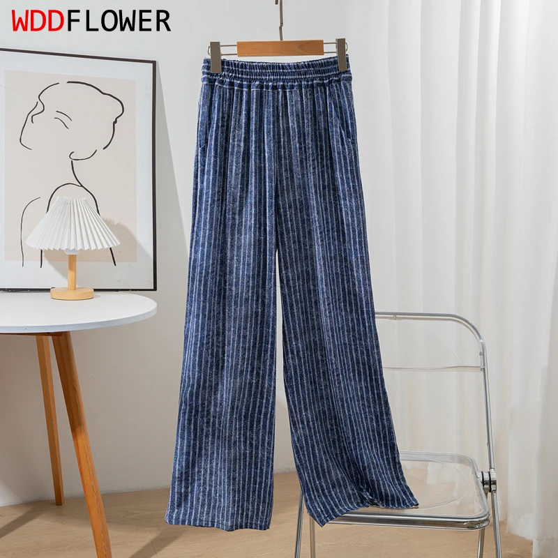 

Women Pants 100% Mulberry Crepe Silk Blue Jeans Striped Printed Pocket Wide Leg Long Trousers Elastic Waist Office Lady QQ002