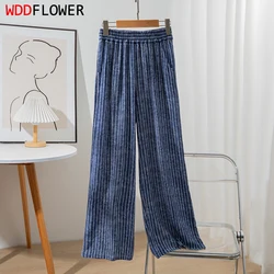 Women Pants 100% Mulberry Crepe Silk Blue Jeans Striped Printed Pocket Wide Leg Long Trousers Elastic Waist Office Lady QQ002